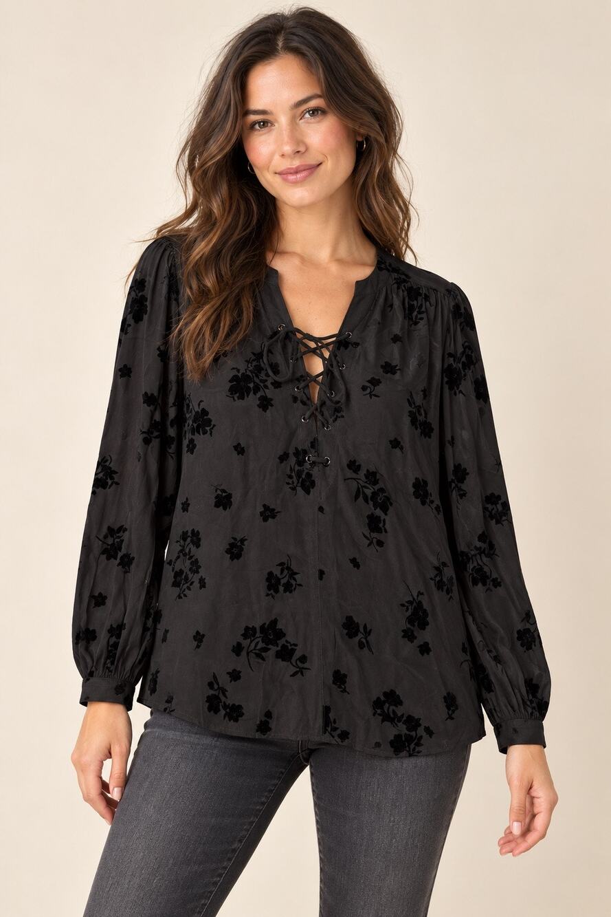 NWT Zadig & Voltaire Tamela Black Flocked Floral Lace Up Blouse Sm $358 Retail